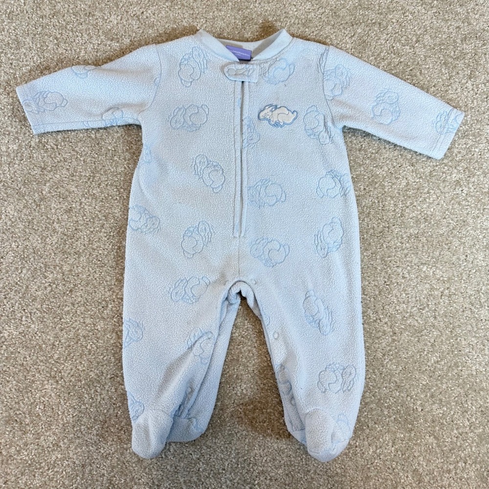 Peter‎ Rabbit Vtg Baby Sleeper Footed Pajamas 3-6 Months Blue Bunny Print Fleece